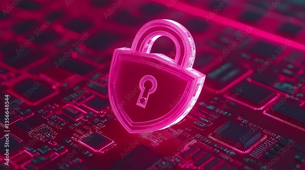 Poster digital security concept with abstract lock symbol on red circuit board background representing cybe