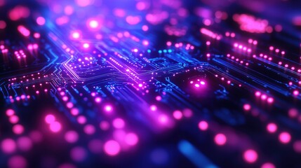 Abstract digital circuit board with glowing neon lights and vibrant colors