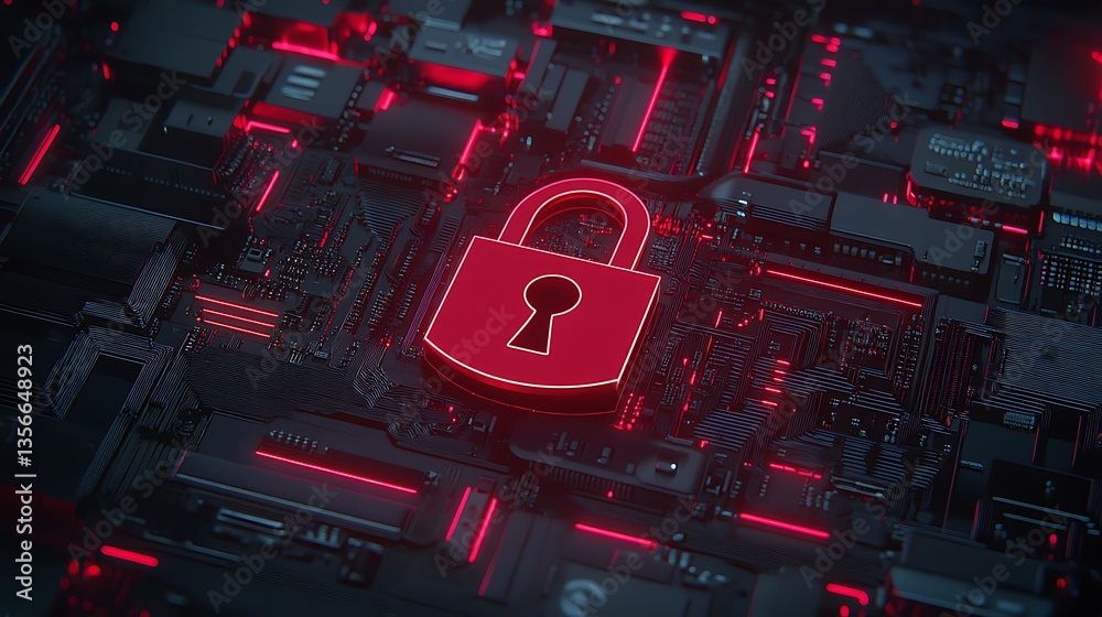 Poster digital security concept with glow lock symbol on circuit board background in red and black color sc