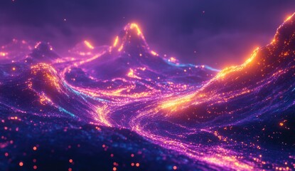 Vibrant, otherworldly landscape of glowing, flowing lava mountains