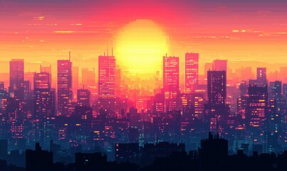 vibrant pixel art cityscape at sunset with colorful skyline and glowing buildings