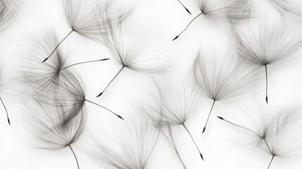 Black and white photograph of a group of dandelion seeds blowing in the wind. the seeds are arranged in a scattered manner, with some overlapping each other.