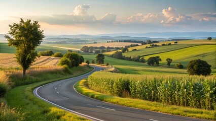 Naklejka premium idyllic-view-of-winding-road-amongst-agricultural-