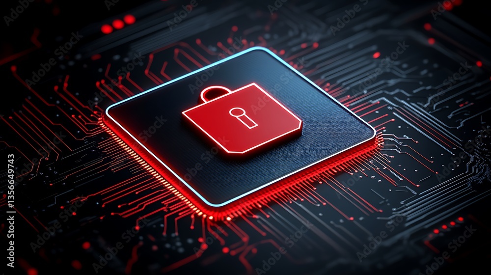 Poster digital security concept with lock symbol illuminated on circuit board background in red and black c