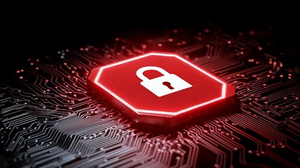 Digital Security Concept with Lock Symbol on Circuit Board Background in Red and Black Colors