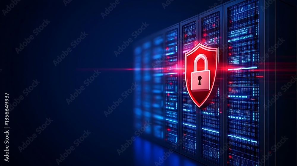 Poster digital security concept with lock symbol on computer server background for cyber protection themes