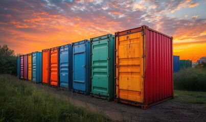 Fototapeta premium Colorful shipping containers lined up against a vibrant sunset sky