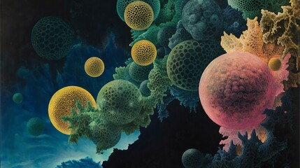 Obraz premium A vibrant abstract depiction of colorful cellular structures against a dark cosmic background, evoking a sense of otherworldly beauty and mystery.