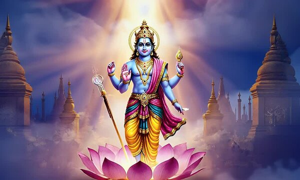 An artistic depiction of the Hindu deity Vishnu standing on a lotus, radiating light and surrounded.