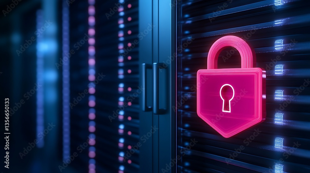 Poster digital security concept with lock symbol on server rack in data center environment at night
