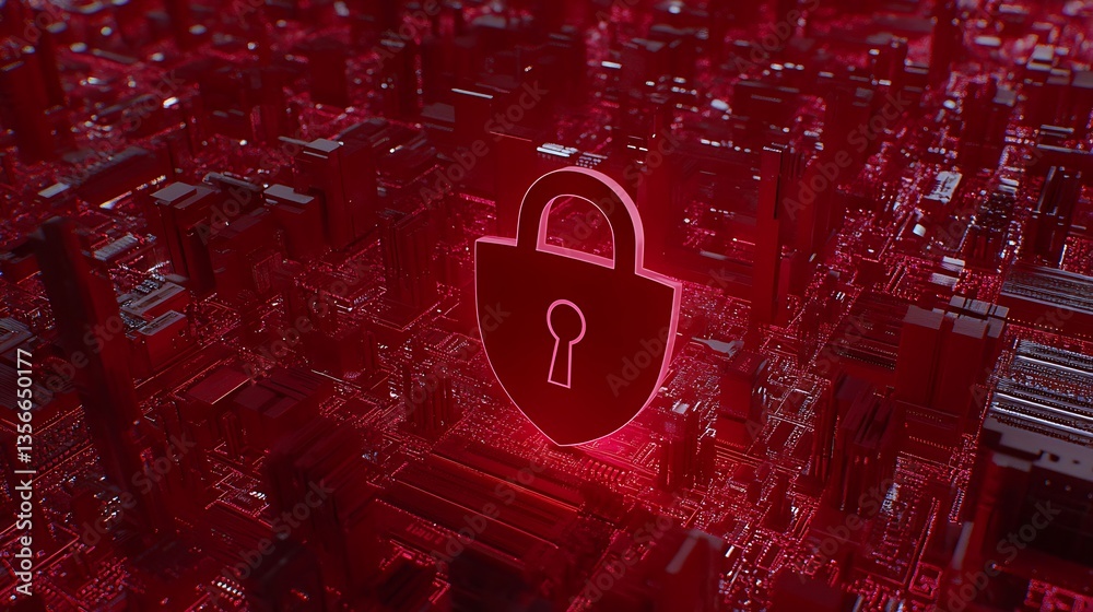 Poster digital security concept with lock symbol over abstract technology background in red color scheme