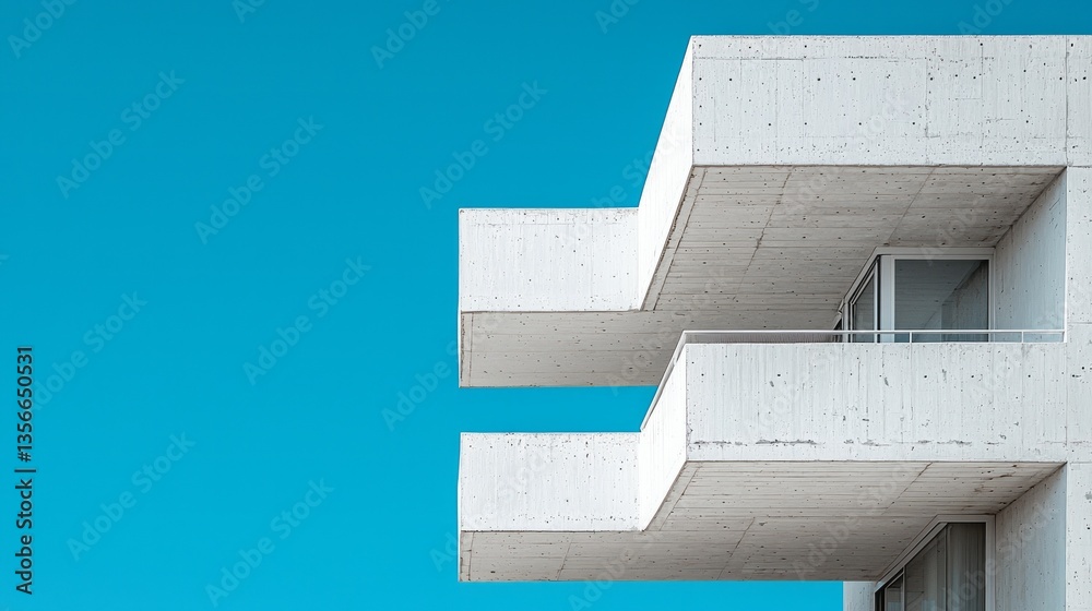 Poster A striking building features angular concrete balconies that jut out, creating a bold visual contrast against the clear blue sky. Sunlight highlights the clean lines and textures
