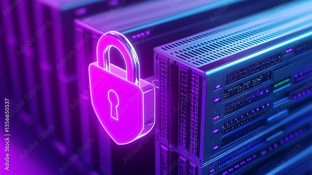 Poster digital security concept with neon lock symbol on server background representing data protection and