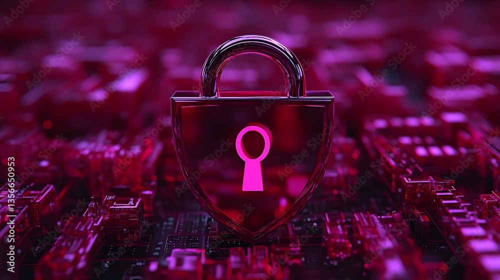 Poster digital security concept with pink lock on abstract circuit background for cyber protection themes