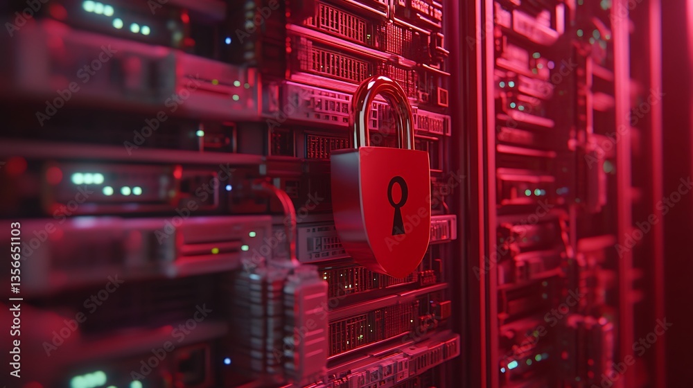 Poster digital security concept with red lighting and padlock on server rack representing data protection