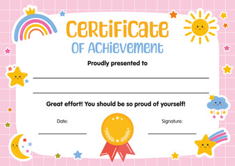 Certificate of achievement for kids in competition. Diploma template, certificate of appreciation. Modern colorful template for school, preschool, playschool, kindergarten, primary grades, summer camp