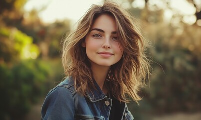 Portrait of young woman with wavy hair in denim jacket outdoors during golden hour