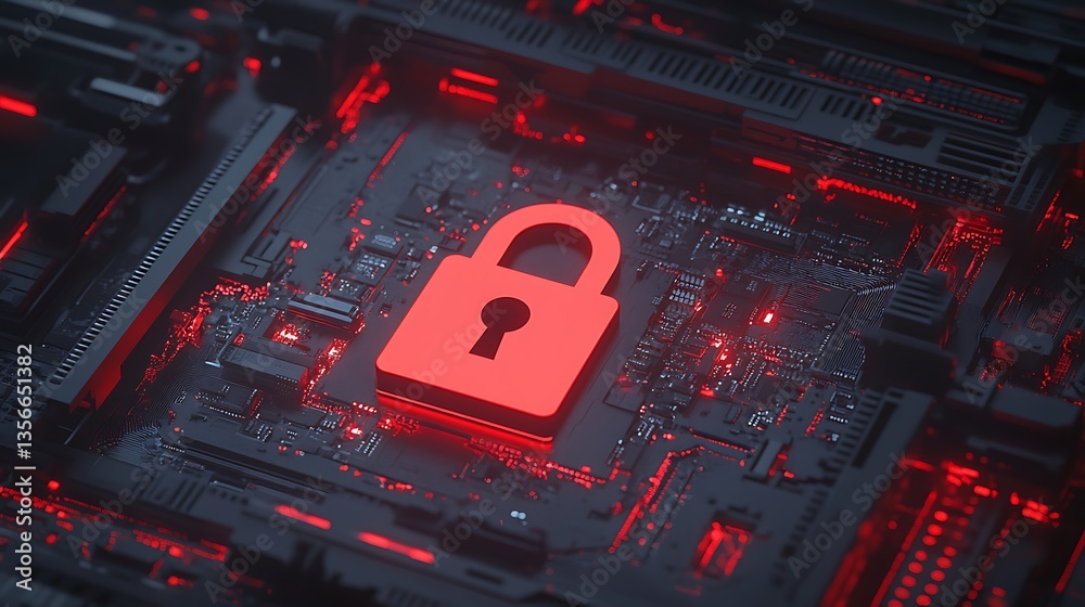 Poster digital security concept with red lock symbol on circuit board background in technology environment