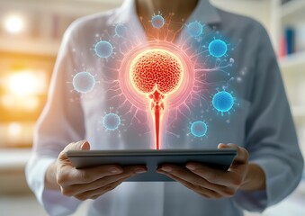 A doctor presenting a digital illustration of brain infection