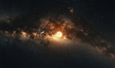 Obraz premium Stunning cosmic scene featuring bright moon amidst swirling galaxy and stars