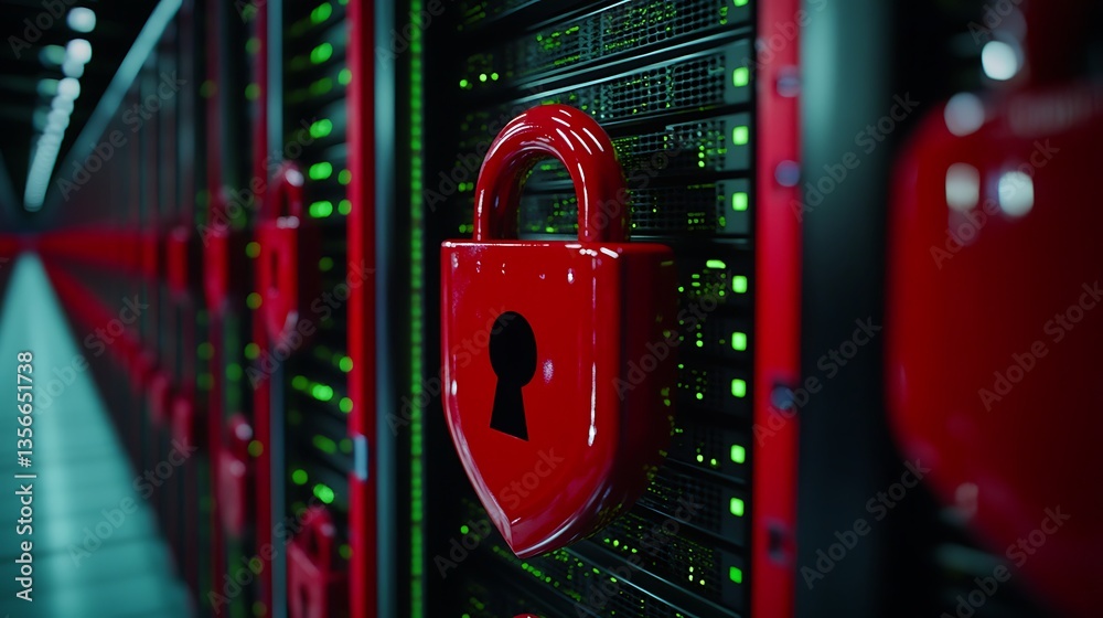 Poster digital security concept with red padlock on server rack representing data protection and cybersecur