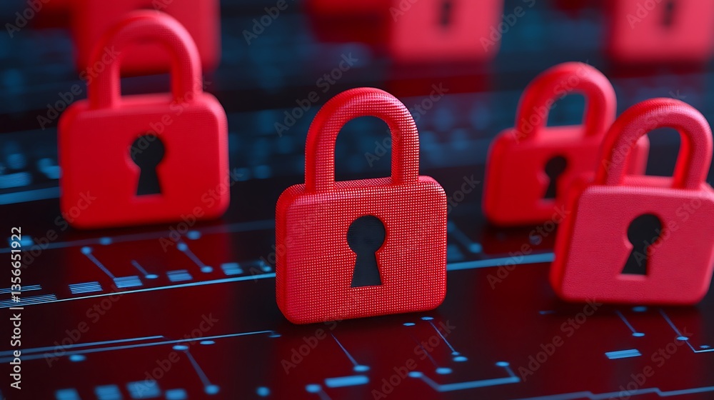 Poster digital security concept with red padlocks on circuit board background representing data protection 