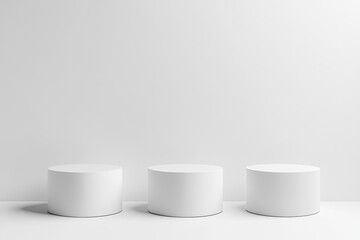 Three simple, white, cylindrical podiums against a plain white wall.  A clean, minimalist presentation