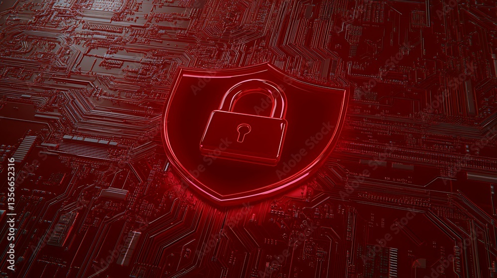 Poster digital security concept with shield and lock symbol on circuit background in red, emphasizing prote