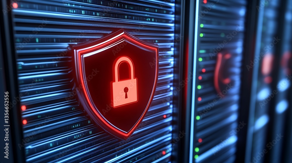 Poster digital security concept with shield symbol over server racks representing data protection and cyber