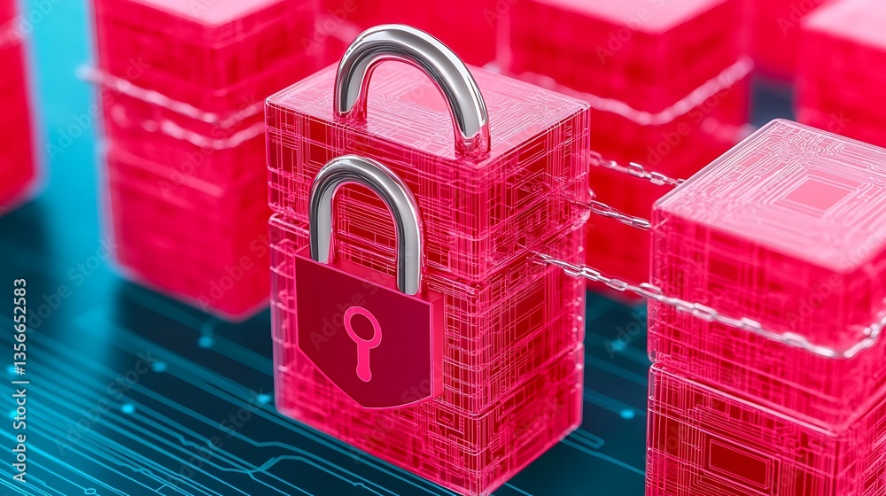 Poster digital security concept with transparent padlock on block chain link and circuit board background
