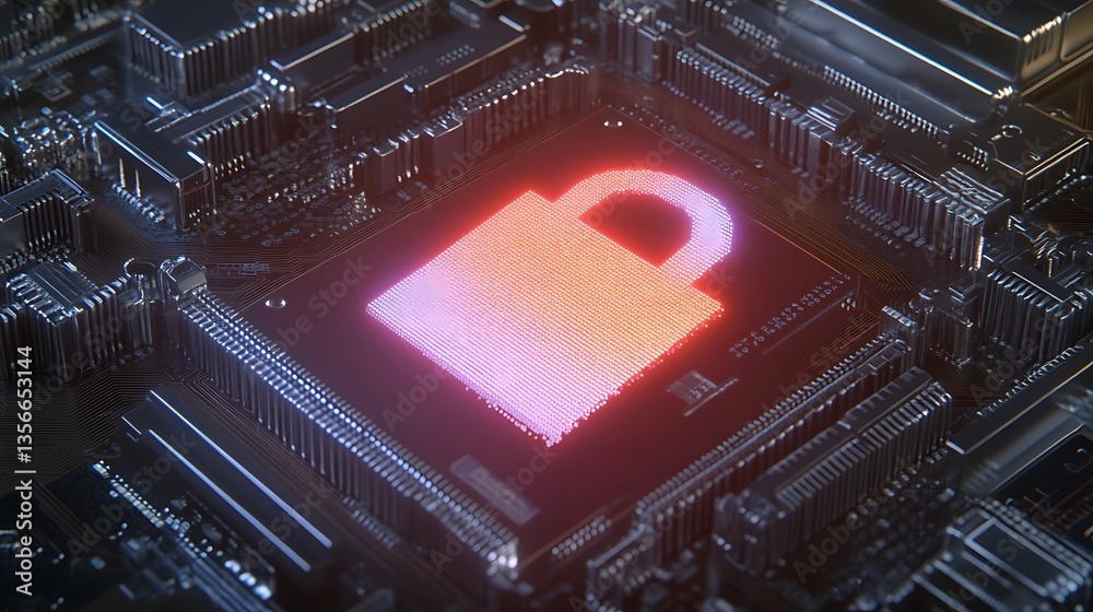 Poster digital security lock symbol over circuit board texture representing cyber protection and data encry