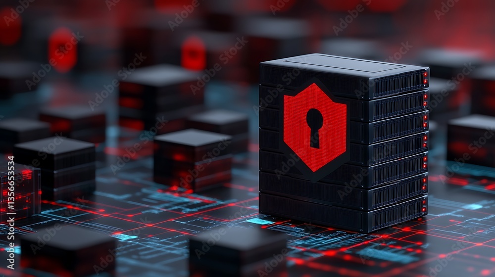 Poster digital security storage concept with server rack and locked shield symbol on abstract network backg