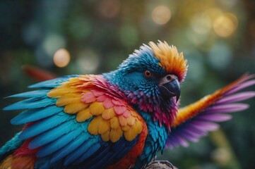 Vibrant and colorful parrot with spread wings perched on branch