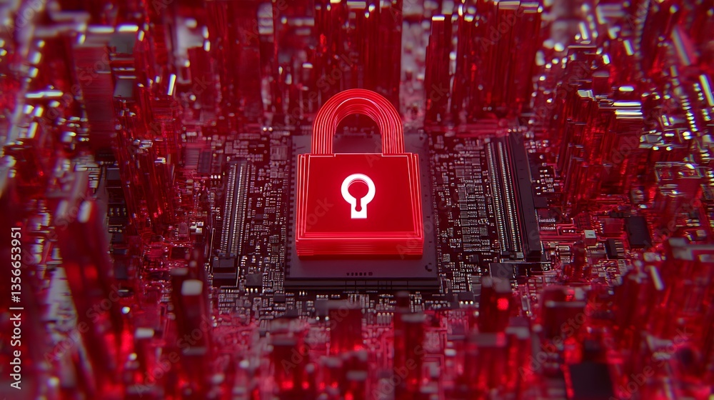 Poster futuristic computer chip with red lock symbol on circuit board representing cyber security and data 