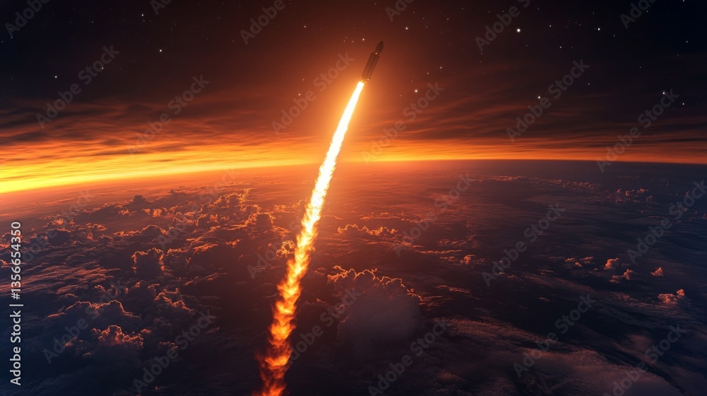 Poster a rocket ascends through the twilight sky, surrounded by clouds, leaving a bright trail of flame as 