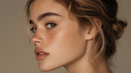 Naklejka premium Close-up portrait of a young woman's face. she has blonde hair that is styled in a messy bun on top of her head. her eyes are blue and her eyebrows are perfectly groomed.