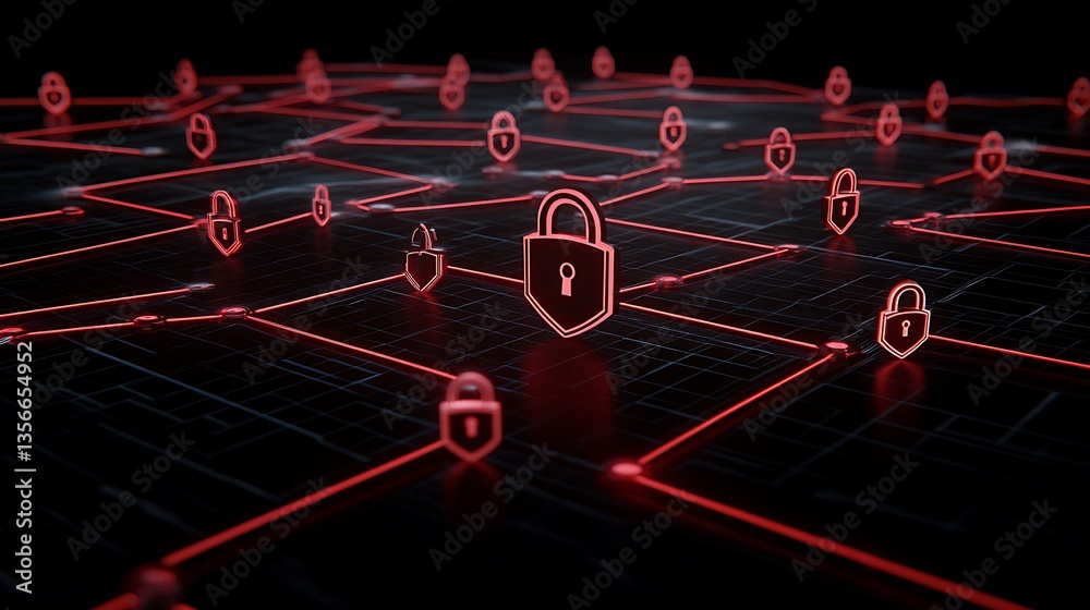 Wall mural futuristic digital network with glowing red locks symbolizing security and data protection in a cybe