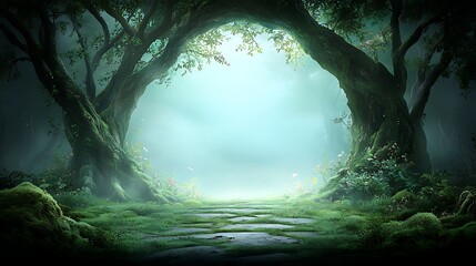 Naklejka premium Mysterious misty forest path enchanted grove digital art serene atmosphere dreamy perspective