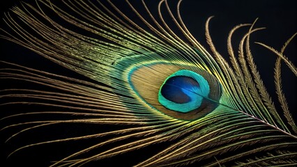 Obraz premium Peacock Feather: A vibrant and detailed macro shot showcases the mesmerizing beauty of a peacock feather, with its intricate patterns and iridescent colors displayed against a dark backdrop.