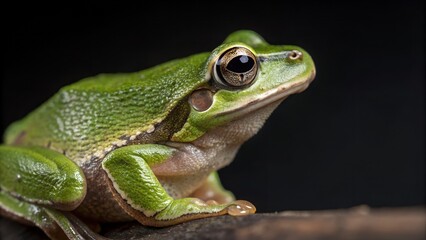 Fototapeta premium Vibrant Green Frog: A striking close-up captures the detailed beauty of a bright green frog. The image showcases the frog's skin, and captivating eyes against a dark background.