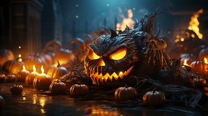 Obraz premium Halloween Spooky Night: Carved Pumpkins in Dark Mystical Setting