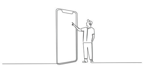 one continuous line of man touching big screen of mobile phone.one line drawing of technology concept.single line vector illustration.isolated on white background