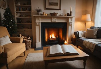 Warm and inviting living room showcases a fireplace filled with glowing flames. Soft lighting illuminates comfortable furniture, creating a peaceful winter atmosphere