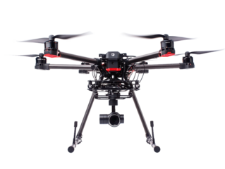 A detailed front view of a black drone with red accents against a black background in a studio shot