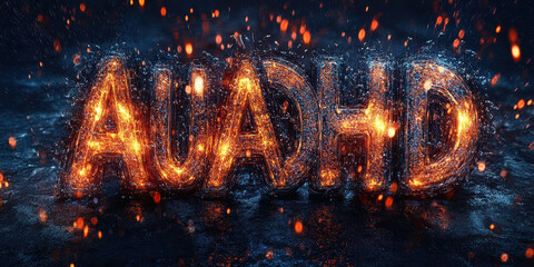 ADHD text in futuristic cyber-style layout with floating digital particles, representing tech-age attention.
