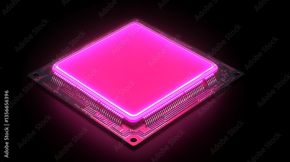 Poster glowing pink microchip with circuit board design in dark background for technology concepts