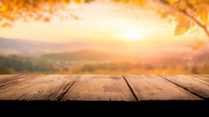 Picturesque autumn sunset over a mountainous forested landscape with vibrant orange and yellow foliage  Glowing warm sunlight filters through the trees creating a serene and tranquil atmosphere
