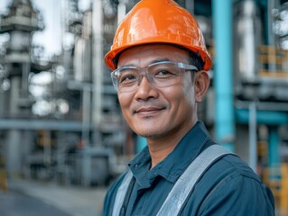 Petroleum Refinery industry engineer male working against oil and gas power industrial factory