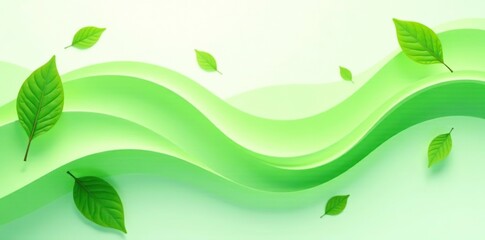 Abstract green shapes with fresh leaves flowing on a soft white background,  shapes,  light
