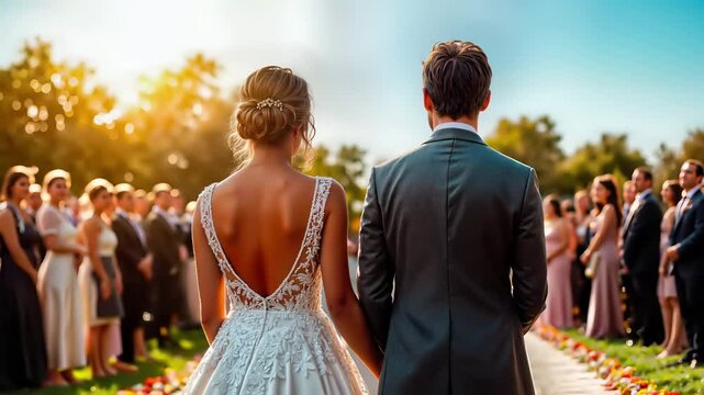Newlywed couple at outdoor wedding ceremony with sunset backdrop. Bride in elegant backless lace dress with chignon hairstyle. Groom in formal suit. Guests gathered for matrimony celebration. Romantic